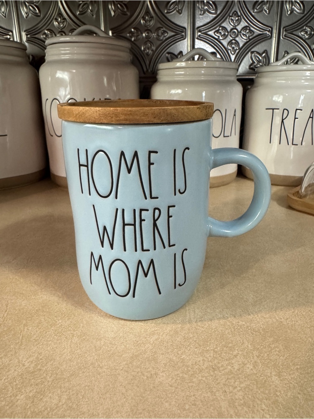 Rae Dunn Light Blue Ceramic Mug with Wood Lid - "Home Is Where Mom Is"